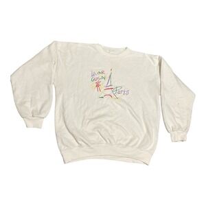 Vintage Men's White Eiffel Tower Paris Size L  Embroidered Logo Sweatshirt
